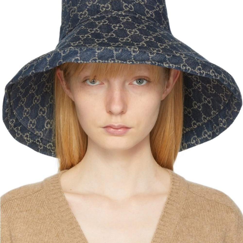 Denim Monogram Wide Large Brim Jacquard Bucket Hat Navy Blue Beach Sun Coverage - Picture 7 of 16
